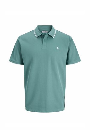Polo verde a maniche corte con trama, colletto e polsini a righe bianche, abbottonatura a due bottoni e piccolo logo bianco sul petto a sinistra.