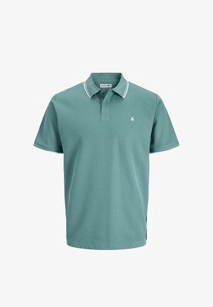 Polo verde a maniche corte con trama, colletto e polsini a righe bianche, abbottonatura a due bottoni e piccolo logo bianco sul petto a sinistra.