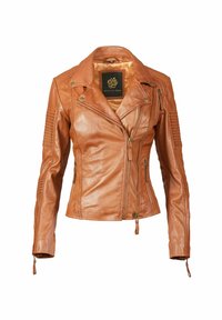 Brown leather motorcycle jacket with quilted shoulder details, zippered pockets, and a fitted design, featuring a branded inner label.