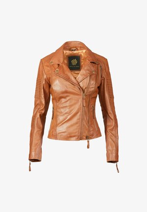 Braune Leder-Motorradjacke mit gesteppte Schultern, Reißverschlusstaschen und tailliertem Design, mit einem Markeninnenschild.