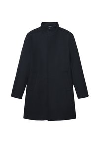 Cappotto nero, lungo fino al ginocchio, realizzato in tessuto morbido. Presenta un colletto alto, maniche lunghe e due tasche laterali. Design minimalista senza hardware visibile.