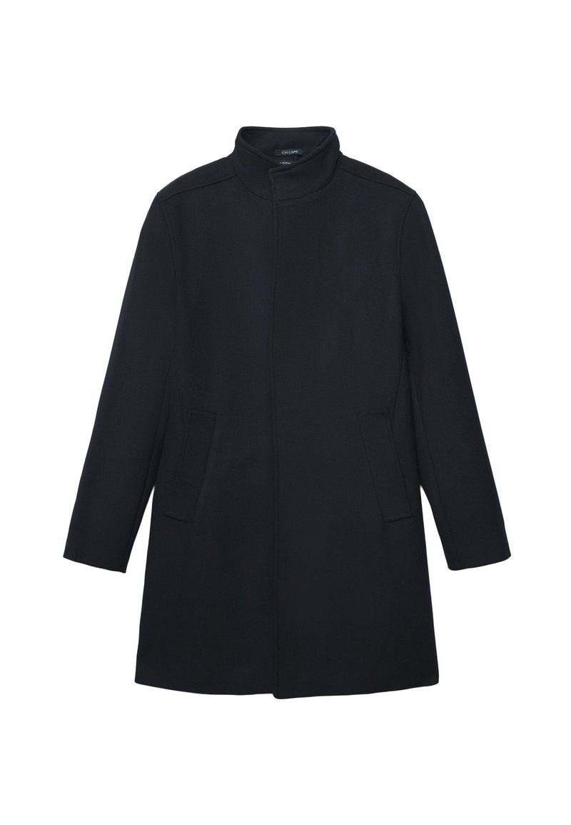 Cappotto nero, lungo fino al ginocchio, realizzato in tessuto morbido. Presenta un colletto alto, maniche lunghe e due tasche laterali. Design minimalista senza hardware visibile.