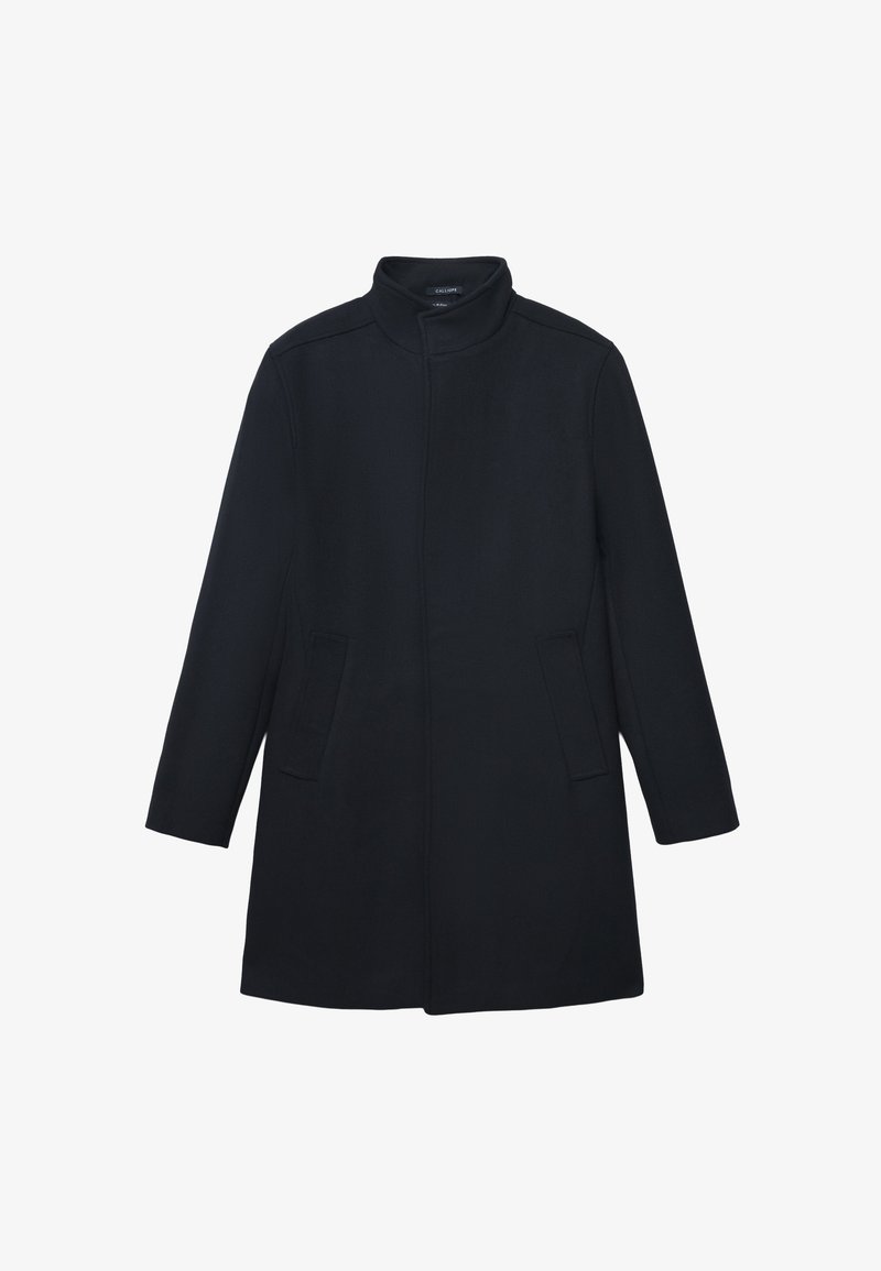 Cappotto nero, lungo fino al ginocchio, realizzato in tessuto morbido. Presenta un colletto alto, maniche lunghe e due tasche laterali. Design minimalista senza hardware visibile.
