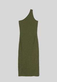Robe olive verte à une épaule, en tissu texturé, à la coupe ajustée et à la longueur genou pour une silhouette élancée.