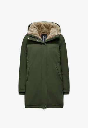 Olivgrüne Parka mit einer Kapuze, die mit Kunstpelz gefüttert ist, Reißverschluss und Druckknopfverschluss, seitlichen Taschen und einer mittellangen Passform. Weiche Textur im gesamten Kleidungsstück.