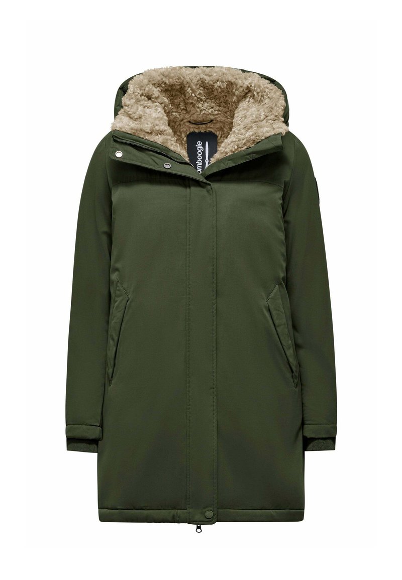Parka verde oliva con cappuccio foderato in pelliccia sintetica, chiusure con zip e bottoni a pressione, tasche laterali e design di lunghezza media. Texture morbida in tutto.