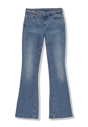 Jeans in denim blu a gamba svasata con una vita decorata, caratterizzati da cinque tasche e scoloriture sulle cosce. Chiusura classica con zip e bottone.