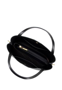 Schwarze Lederhandtasche mit strukturiertem Design, ausgestattet mit einem Reißverschlussfach und zwei Innenfächern, glatte Textur und kurzen Griffen.