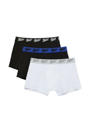 Trois boxers pour hommes en noir et blanc, chacun avec une ceinture élastique de marque en noir, bleu et gris.