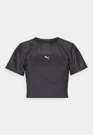 Tricou cropp Black cu mâneci scurte, cu un design elegant, panou din dantelă texturată și logo alb Puma pe față.