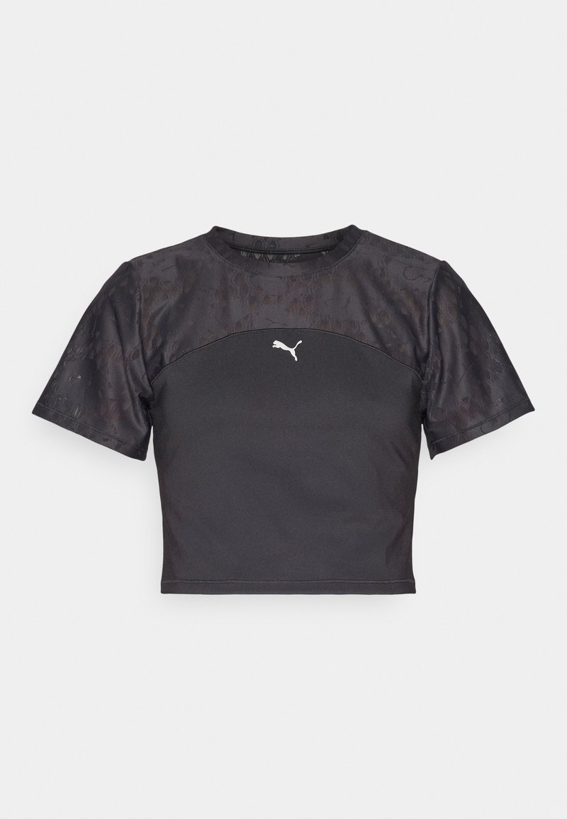 Zwarte cropped t-shirt met korte mouwen, met een strak design, een textuur van kant en een wit Puma-logo op de voorkant.