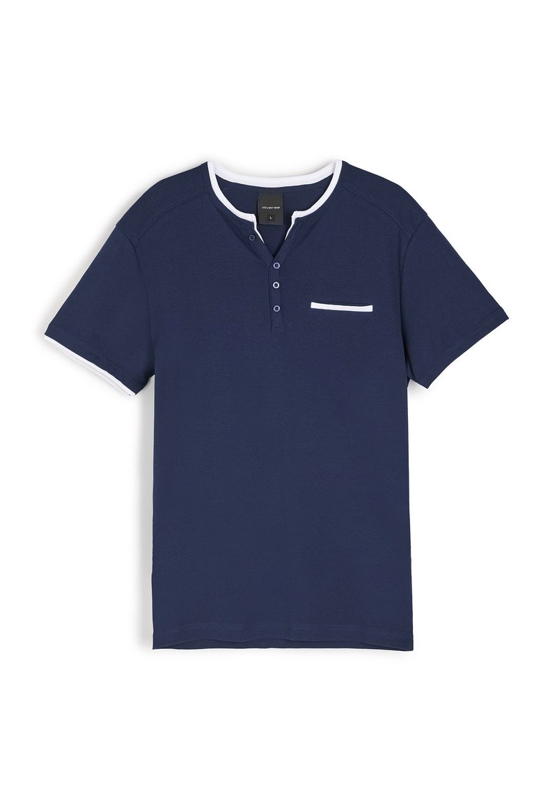 Granatowa koszulka z bawełny, z kontrastowym białym kołnierzykiem i kieszenią z detalami guzików, krótkie rękawy i luźny krój.