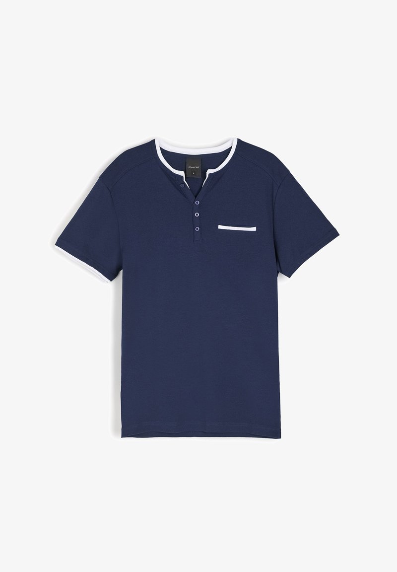 Granatowa koszulka z bawełny, z kontrastowym białym kołnierzykiem i kieszenią z detalami guzików, krótkie rękawy i luźny krój.