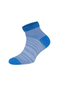 Niebieska skarpetka do kostki z teksturowanym prążkowanym mankietem, z jasnoniebieskimi i ciemnoniebieskimi poziomymi paskami oraz wzmocnionym palcem.