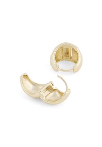 Gold-colored metal hoop earrings with a smooth, polished finish. Features a unique crescent shape and a secure clasp design.