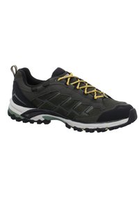Scarpa da trail running in verde scuro e nero, con pannelli in rete, lacci gialli, suola testurizzata e un design robusto per l'uso all'aperto.