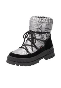 Wasserdichte Stiefel mit einem glänzenden silbernen Obermaterial, schwarzen Wildlederakzenten, einer strukturierten Gummisohle und schwarzen Schnürsenkeln für einen sicheren Halt.