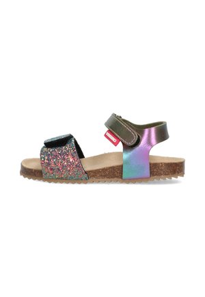Multikleurige sandalen met een kurken zool, voorzien van een glinsterende zwarte band, reflecterende accenten en een klittenbandsluiting.