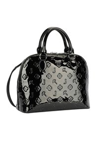 Borsa a spalla in vernice nera con forma arrotondata, motivi floreali e lettere in rilievo, doppi manici superiori e tracolla staccabile.