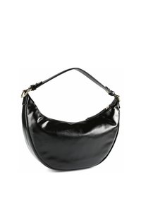 Borsa a tracolla in pelle nera con silhouette arrotondata, texture lucida, una tracolla regolabile singola e dettagli in metallo color oro.