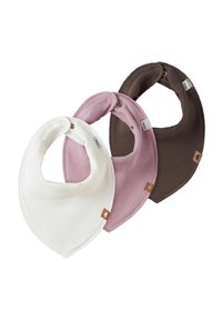 Sæt af tre stofbleer lavet af ribbet materiale i hvid, pink og brun. Hver har en trykknaplukning og et lille logo-tag.