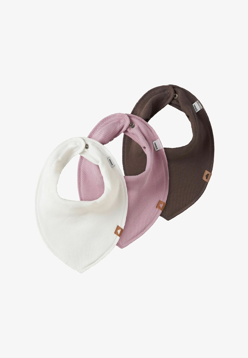 Sæt af tre stofbleer lavet af ribbet materiale i hvid, pink og brun. Hver har en trykknaplukning og et lille logo-tag.