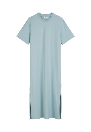 Jasnoniebieska bawełniana sukienka midi z krótkimi rękawami, okrągłym dekoltem i bocznymi rozcięciami dla swobody ruchów. Prosty design, gładka tekstura.