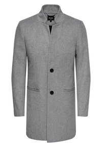Grau Wollmantel mit hohem Kragen, einreihigem Design, zwei schwarzen Knöpfen und seitlichen Taschen. Glatte Textur mit klaren Linien.
