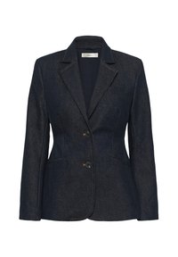 Tumša džinsa pieguloša blazera ar izvērstiem atlokiem, divām pogām un priekšējām kabatām, paredzēta piegulošam, strukturētam siluetam.