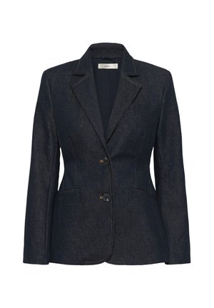 Tmavě modrý džínový přiléhavý blejzr s výstřihem do klínu, dvěma knoflíky a předními kapsami, navržený pro střih na míru a strukturovaný vzhled.