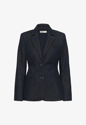 Tume teksast liibuv bleiser, millel on notikujulised kraed, kaks nööpi ja ees taskud, disainitud kohandatud, struktureeritud silueti saavutamiseks.