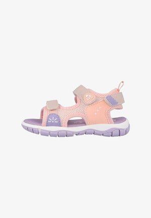 Sandalia abierta para niños en rosa pastel y púrpura con correas ajustables de Velcro y suela de goma texturizada.