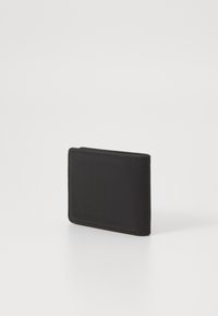 Black leather wallet with a slim, rectangular design. Smooth texture, rounded edges, and visible stitching detail. No branding visible.