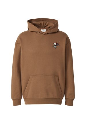 Rjav kapucinja z zgornjim žepom, ribastimi manšetami in vezenim risanim junakom na prsih. Narejena iz mehkega bombažnega materiala.