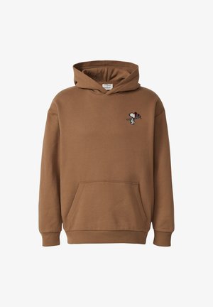 Rjav kapucinja z zgornjim žepom, ribastimi manšetami in vezenim risanim junakom na prsih. Narejena iz mehkega bombažnega materiala.