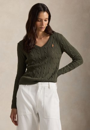 CABLE-KNIT COTTON V-NECK SWEATER - Πουλόβερ - harvest olive