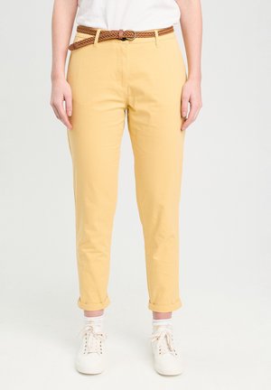 Personne portant un pantalon jaune clair avec revers, une ceinture tressée marron, des baskets blanches et des chaussettes blanches avec des touches jaunes.