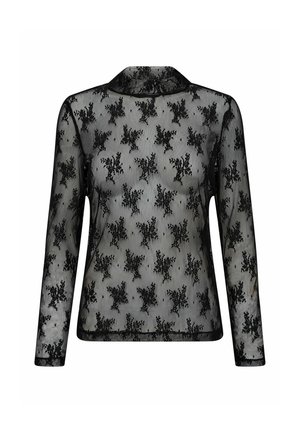 Fekete, áttetsző, hosszú ujjú felső virágmintás csipkével és magasított gallérral, fehér háttéren bemutatva.