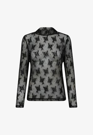 Black sheer long-sleeve top with floral lace pattern and a high collar, displayed on a white background.