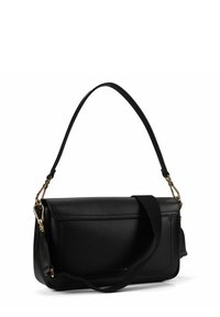 Schwarze Lederhandtasche mit strukturierter Form, goldfarbenen Beschlägen, abnehmbarem Schulterriemen und texturierter Oberfläche. Schlichtes und funktionales Design.