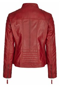 Rote Lederjacke mit strukturiertem Design, gesteppter Optik und Reißverschluss-Manschetten. Glatte Textur mit klassischem Kragen und Rückennähten.