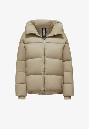 Beige gepolsterte Jacke mit hohem Kragen, Reißverschluss vorne und gestrickten Bündchen. Aus leichtem Material gefertigt, mit gesteppte Abschnitten für Isolierung.