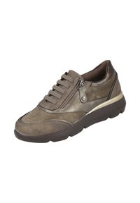 Zapatilla casual marrón con cordones en la parte delantera, cremallera lateral y suela gruesa oscura, diseñada para comodidad y uso diario.
