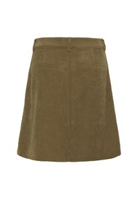 Olijfgroene corduroy rok met een uitlopende pasvorm, voorzien van zijzakken en een gladde tailleband, benadrukt door een verticale ribbelstructuur.