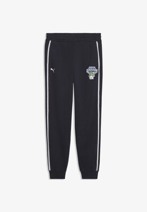Pantalon de jogging noir avec bandes latérales blanches, taille élastique, logo Puma sur la cuisse gauche, et écusson du club de football "Super Puma" sur la cuisse droite.