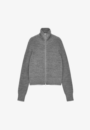 Gray zip-up sweater with a high collar, made of ribbed knit fabric. Fitted design with long sleeves and a smooth zipper closure at the front.