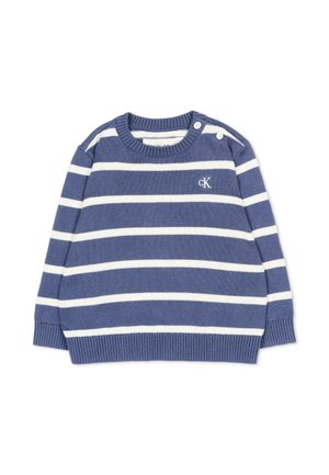 Maglione a righe orizzontali blu e bianche a manica lunga con collo rotondo, due bottoni bianchi su una spalla e piccolo logo "cK" sul petto.