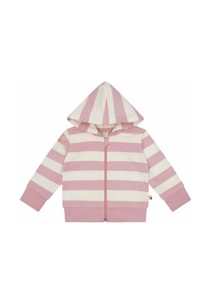Kinder Kapuzenpullover mit Reißverschluss, rosa-weißen horizontalen Streifen, langen Ärmeln und angenähter Kapuze.
