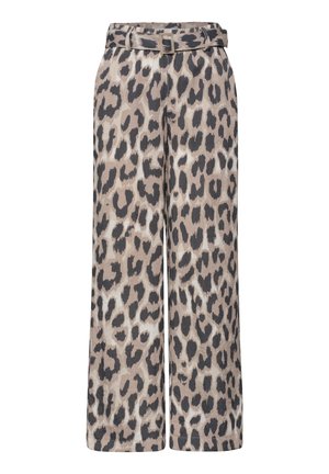 Hoch taillierte, weit geschnittene Hose mit beige-schwarzem Leopardenmuster, inklusive passendem Gürtel mit rechteckiger Schnalle.