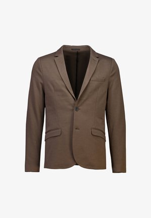 Blazer marron en tissu lisse, avec une fermeture à un bouton, deux poches avant et une coupe slim.